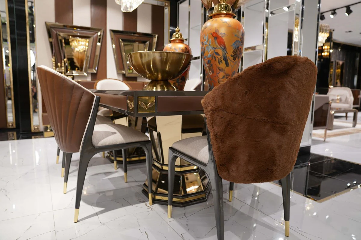 Luxury dining room set natural colors / brown / gray / gold - 1 luxury dining table & 6 luxury dining room chairs - dining room furniture - luxury furniture - luxury furnishings - dining room furnishings