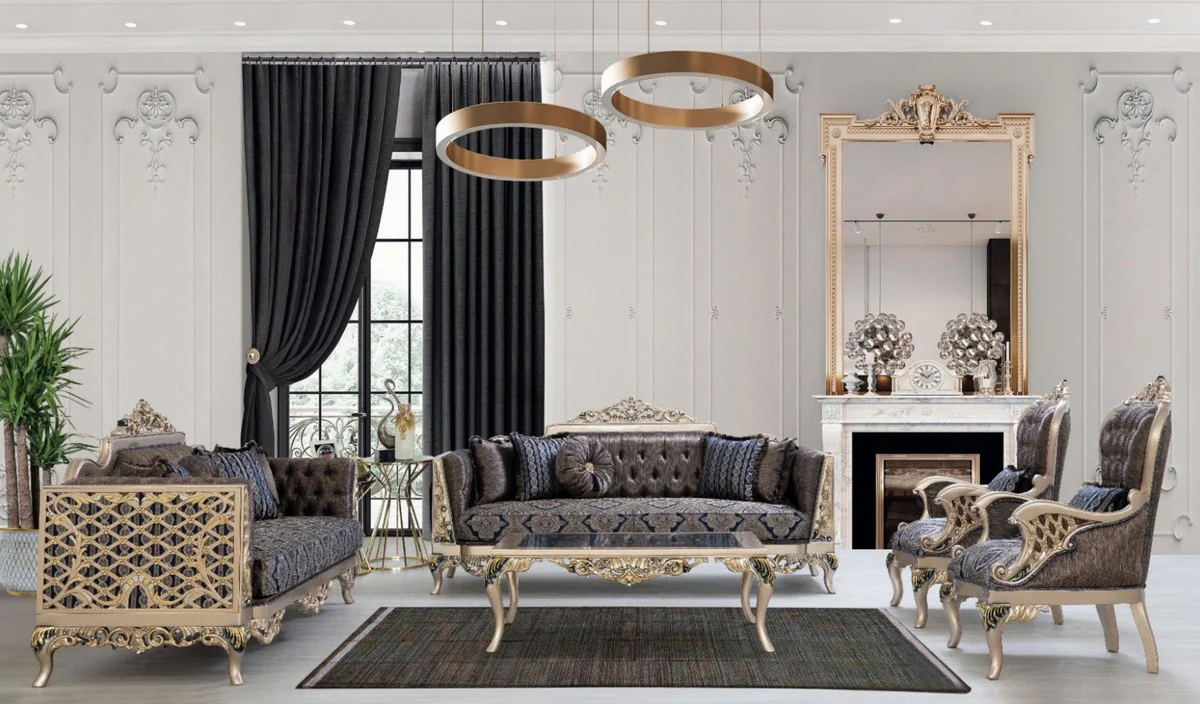 Luxury Baroque Living Room Set Blue / Silver / Gold - 2 Sofas & 2 Armchairs & 1 Coffee Table - Magnificent Baroque Living Room Furniture