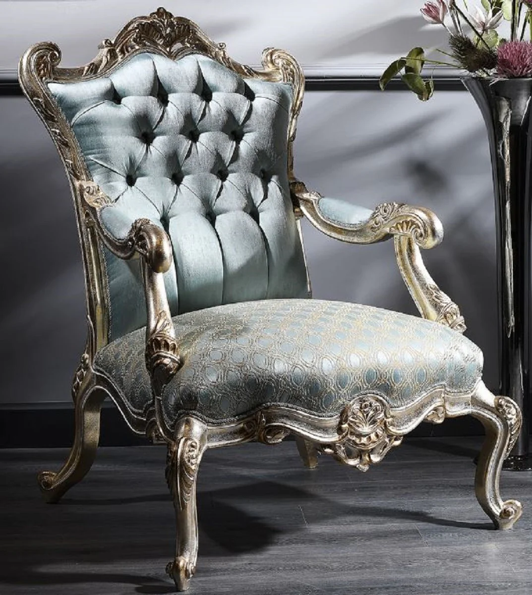 Luxury Baroque Chesterfield throne armchair turquoise / gold / silver 87 x 83 x H. 110 cm - Baroque furniture