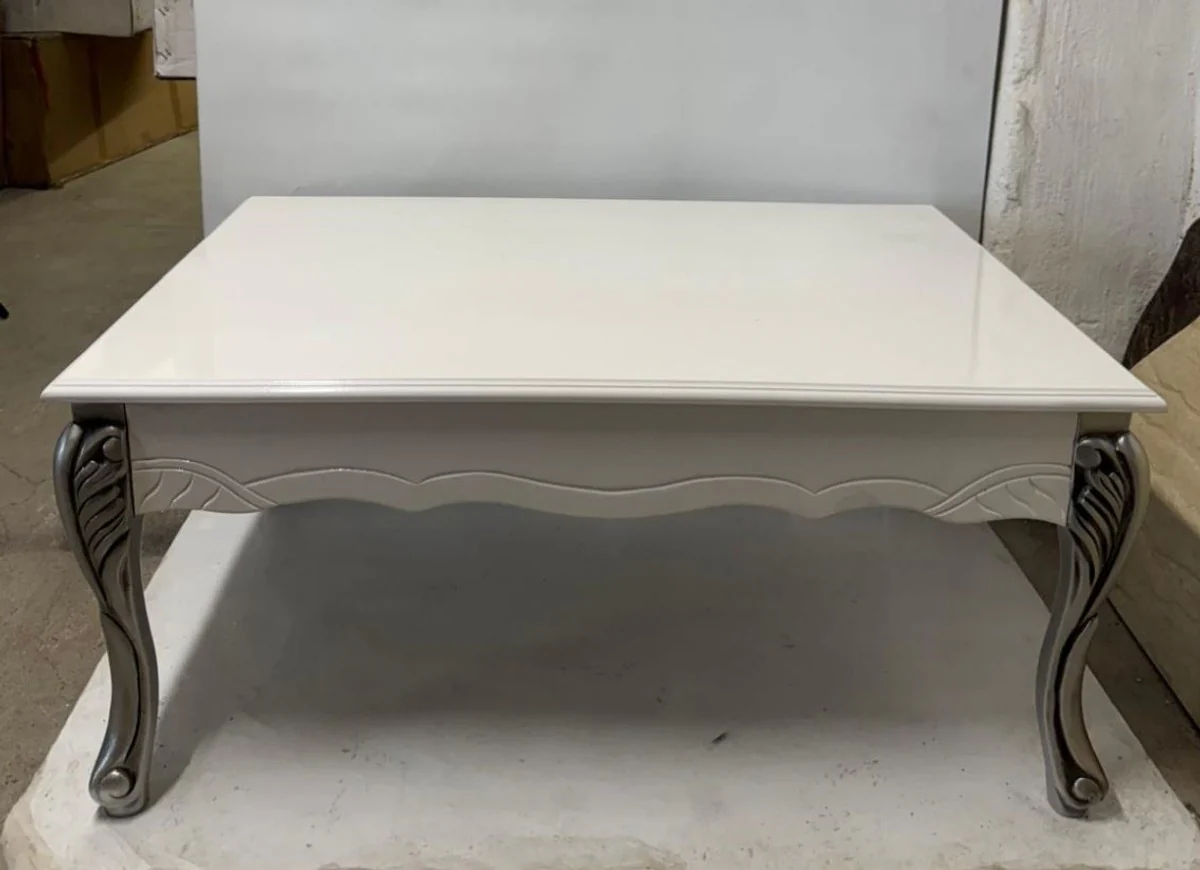 Luxus Barock Couchtisch Weiß / Silber 105 cm - Barock Möbel