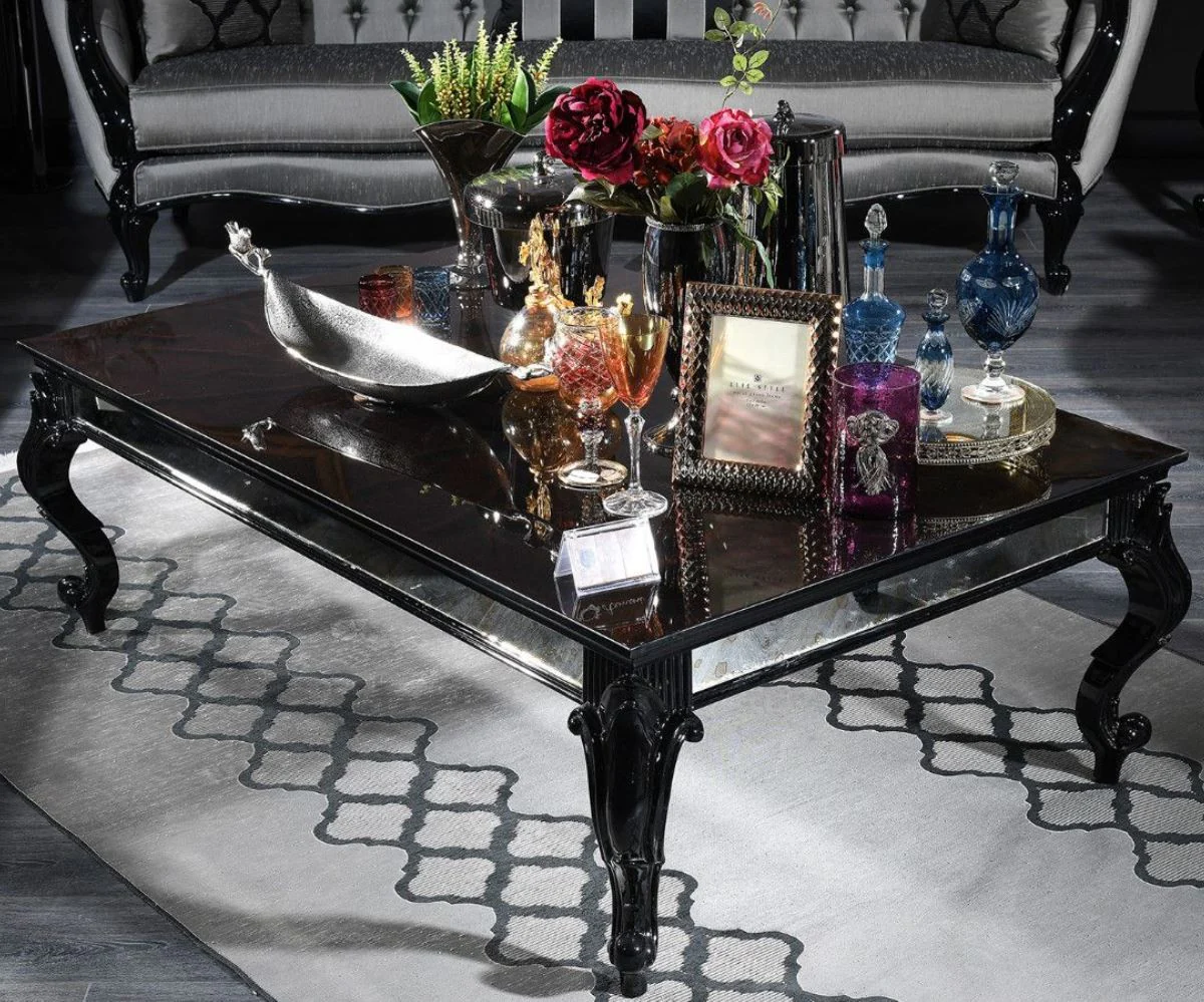 Luxury baroque coffee table black / brown 140 x 90 x H. 46 cm - Elegant solid wood living room table with glass top and mirror glass - Luxury quality - Made in Italy