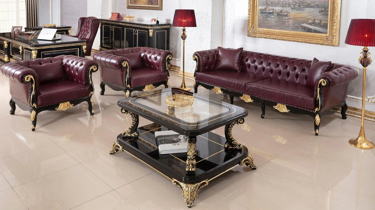 Luxury Baroque Chesterfield Leather Sofa Bordeaux Red / Black / Gold - Magnificent Living Room Real Leather Sofa - Baroque Chesterfield Leather Furniture - Luxury Furniture in Baroque Style