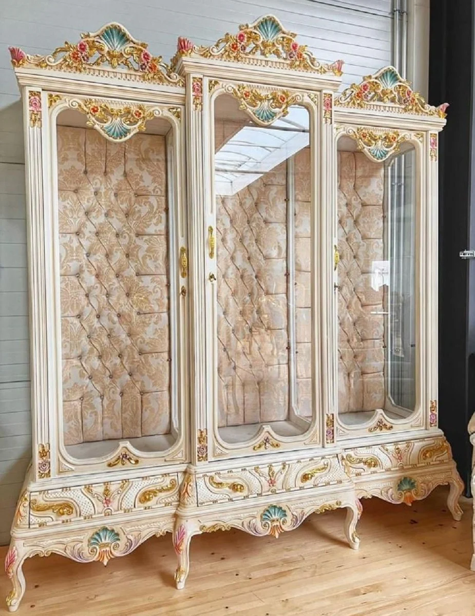 Baroque display cabinet white / beige / multicolored / gold - handmade solid wood display cabinet with 3 glass doors and glittering stones - baroque furniture - noble and magnificent