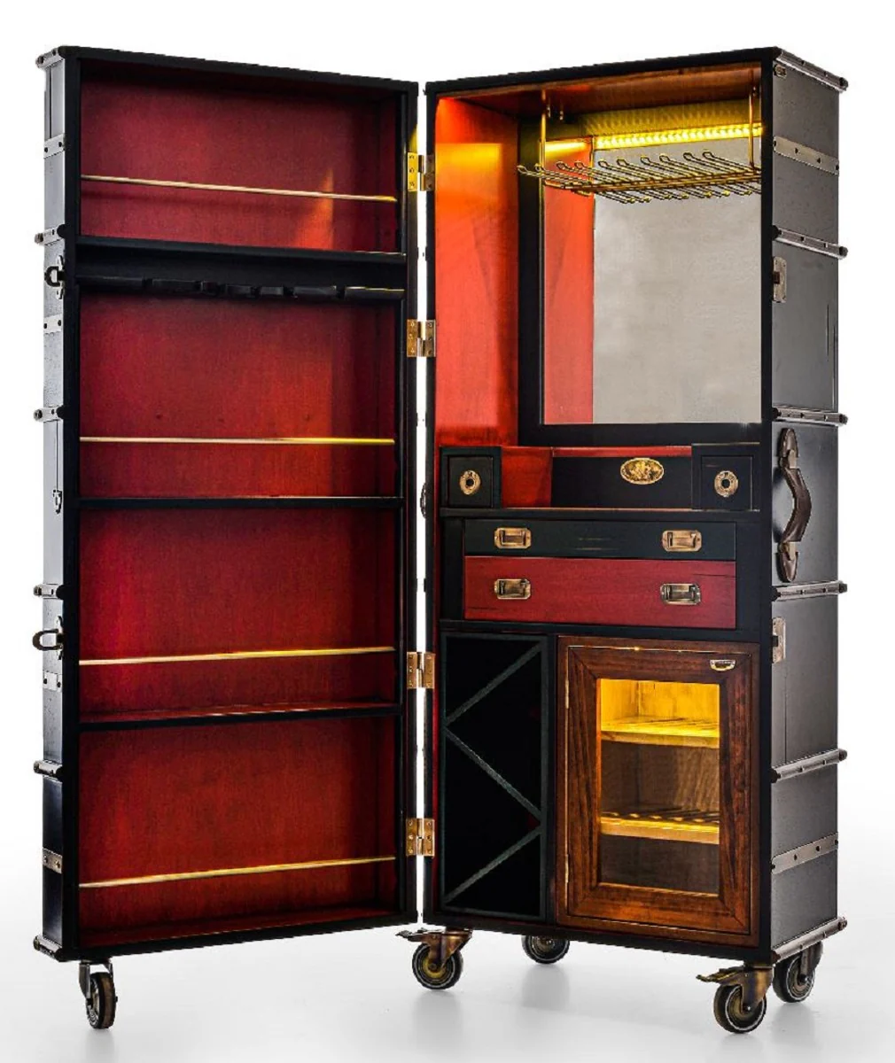 Luxury bar cabinet with wheels antique black 73.5 x 54 x H. 173.5 cm - suitcase cabinet in a retro look - retro style wine cabinet - bar furniture - luxury furniture
