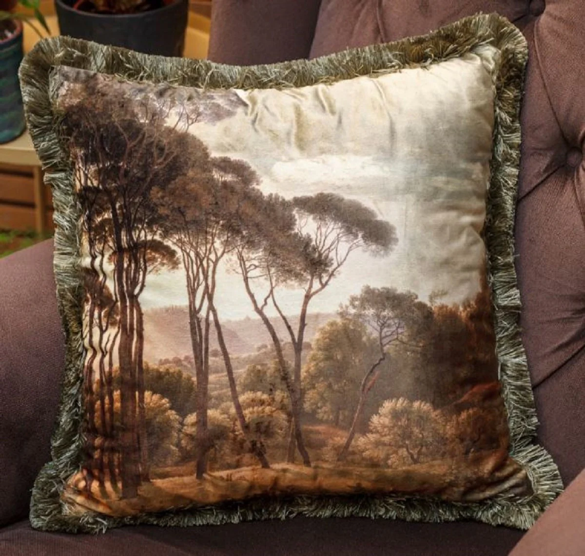 Luxus Deko Kissen Landschaft Mehrfarbig / Grün 45 x 45 cm - Bedrucktes Samt Kissen mit Fransen - Luxus Kollektion