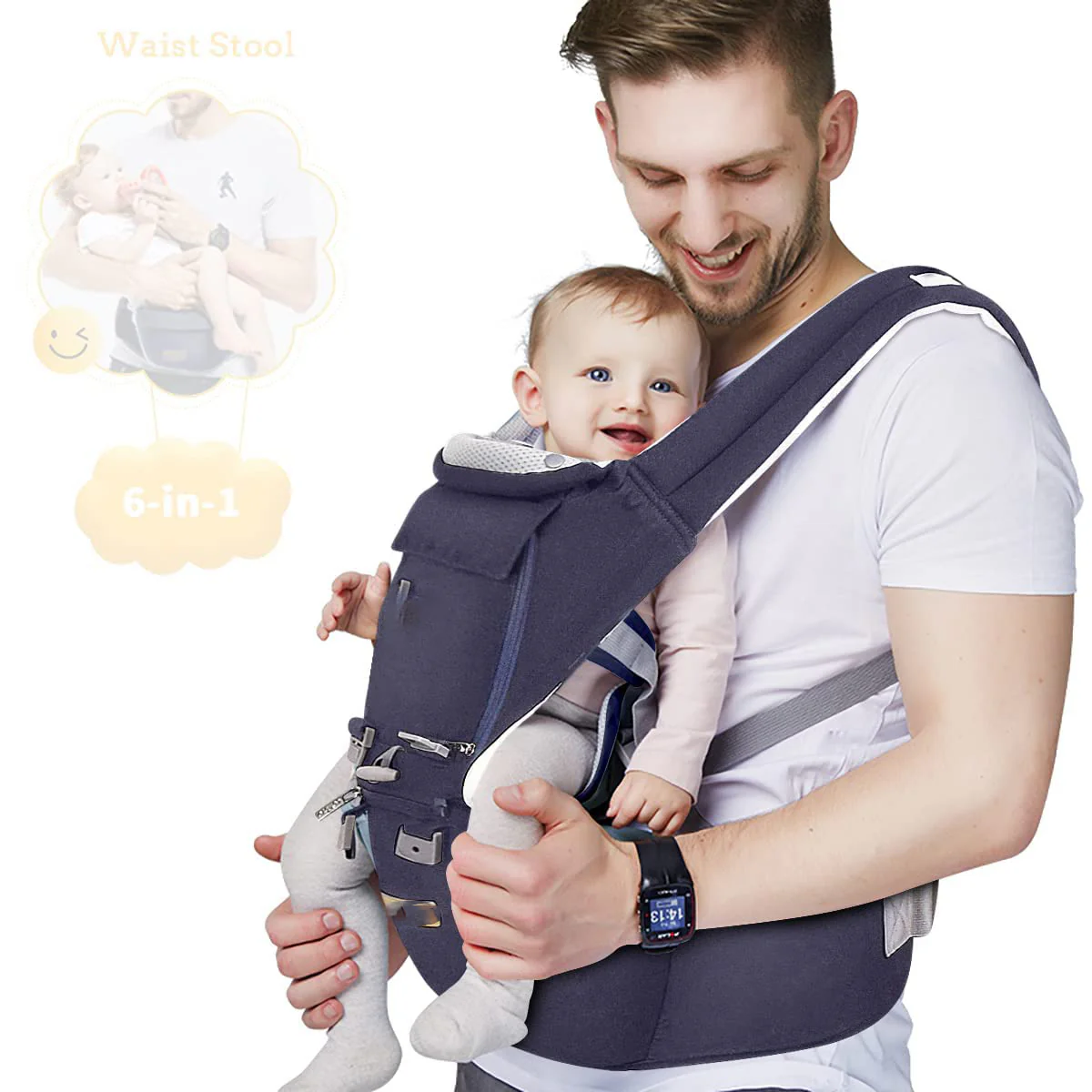 Baby – Tragehilfe, 6-in-1-Babytrage mit Taillenhocker, Babytrage mit Hüftsitz zum Stillen, Einheitsgröße – passend für Neugeborene, Säuglinge und Kleinkinder (blau)