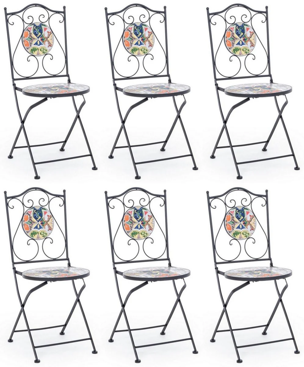 Art Nouveau garden chair set of 6 black / multicolored 39 x 47 x H. 92 cm - folding chairs with elegant ceramic plates - nostalgic garden and catering furniture