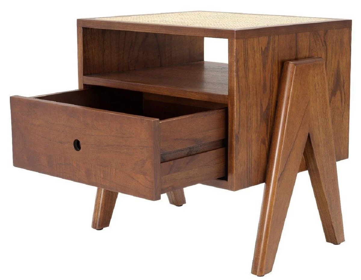 Luxury bedside table brown / natural colors 58 x 45 x H. 55.5 cm - Solid wood side table with rattan weave - Luxury bedroom furniture