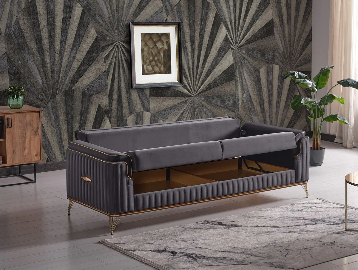 Luxury sofa bed dark gray / brown / gold 228 x 94 x H. 88 cm - living room sofa with 3 cushions - luxury living room furniture