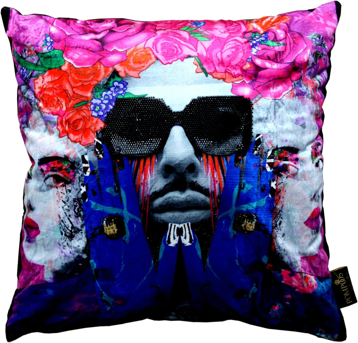 Harald Glööckler designer decorative cushion Pompöös by Face & Sunglasses with rhinestones - Art Collection -