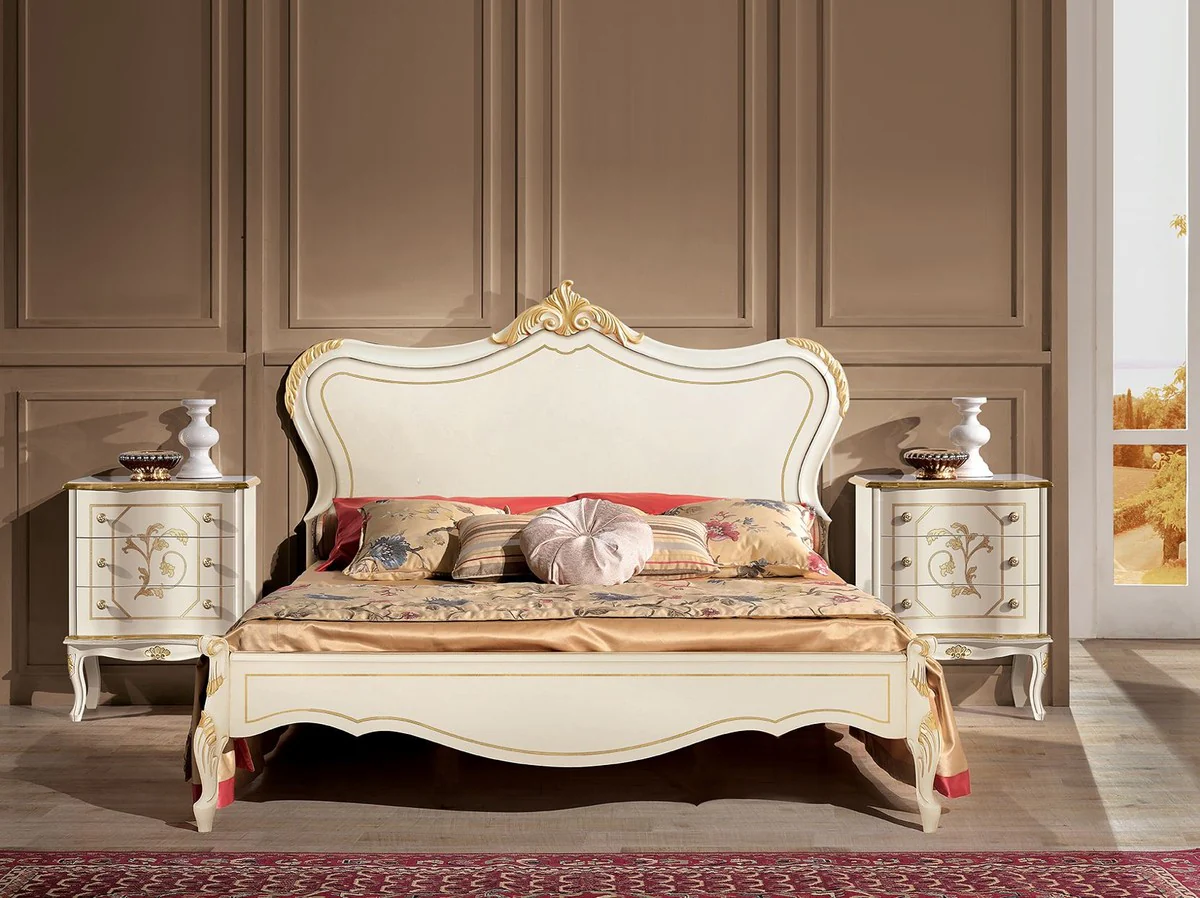 Luxury Baroque double bed white / gold - Magnificent solid wood bed in Baroque style - Baroque bedroom & hotel furniture - Luxury quality - Made in Italy