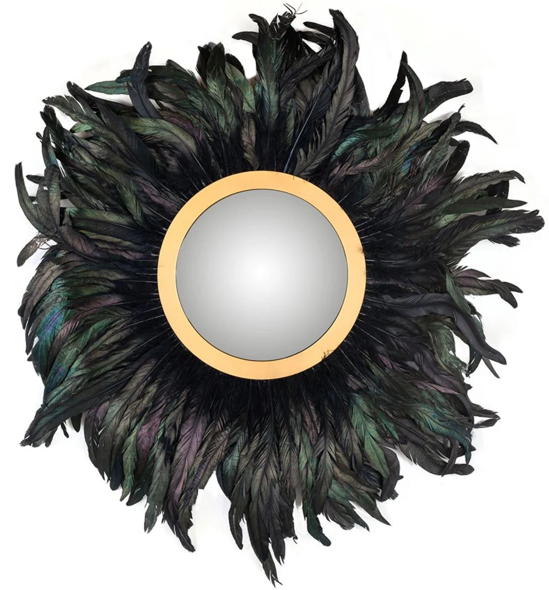 Designer mirror multicolored / gold Ø 75 cm - round wall mirror with feathers - living room mirror - cloakroom mirror - designer furniture