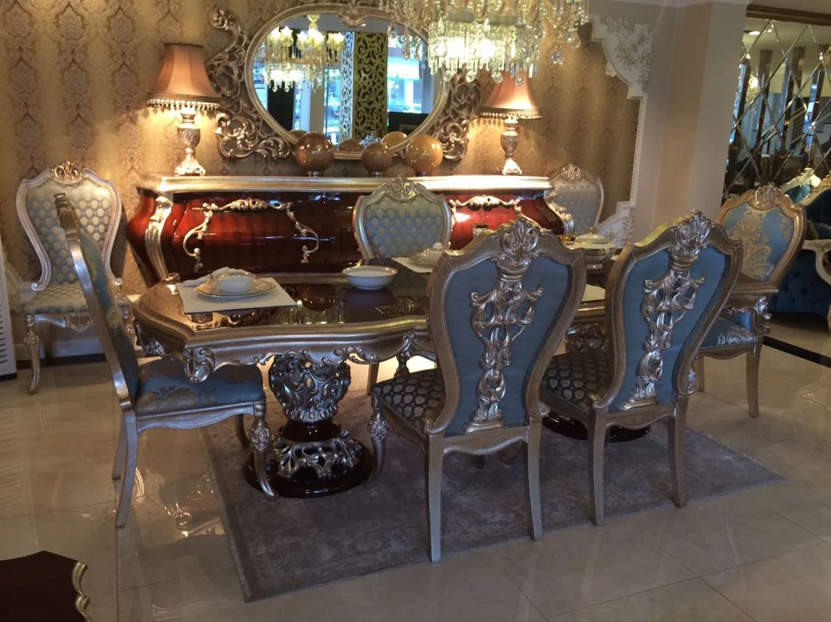 Luxury baroque dining table dark brown / silver - high-quality handmade solid wood dining room table in baroque style - baroque dining room furniture - noble and magnificent