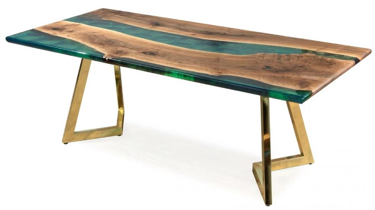 Luxury dining table brown / green / gold 210 x 100 x H. 76 cm - Rectangular kitchen table with epoxy resin - Dining room furniture - Epoxy resin furniture - Luxury furniture