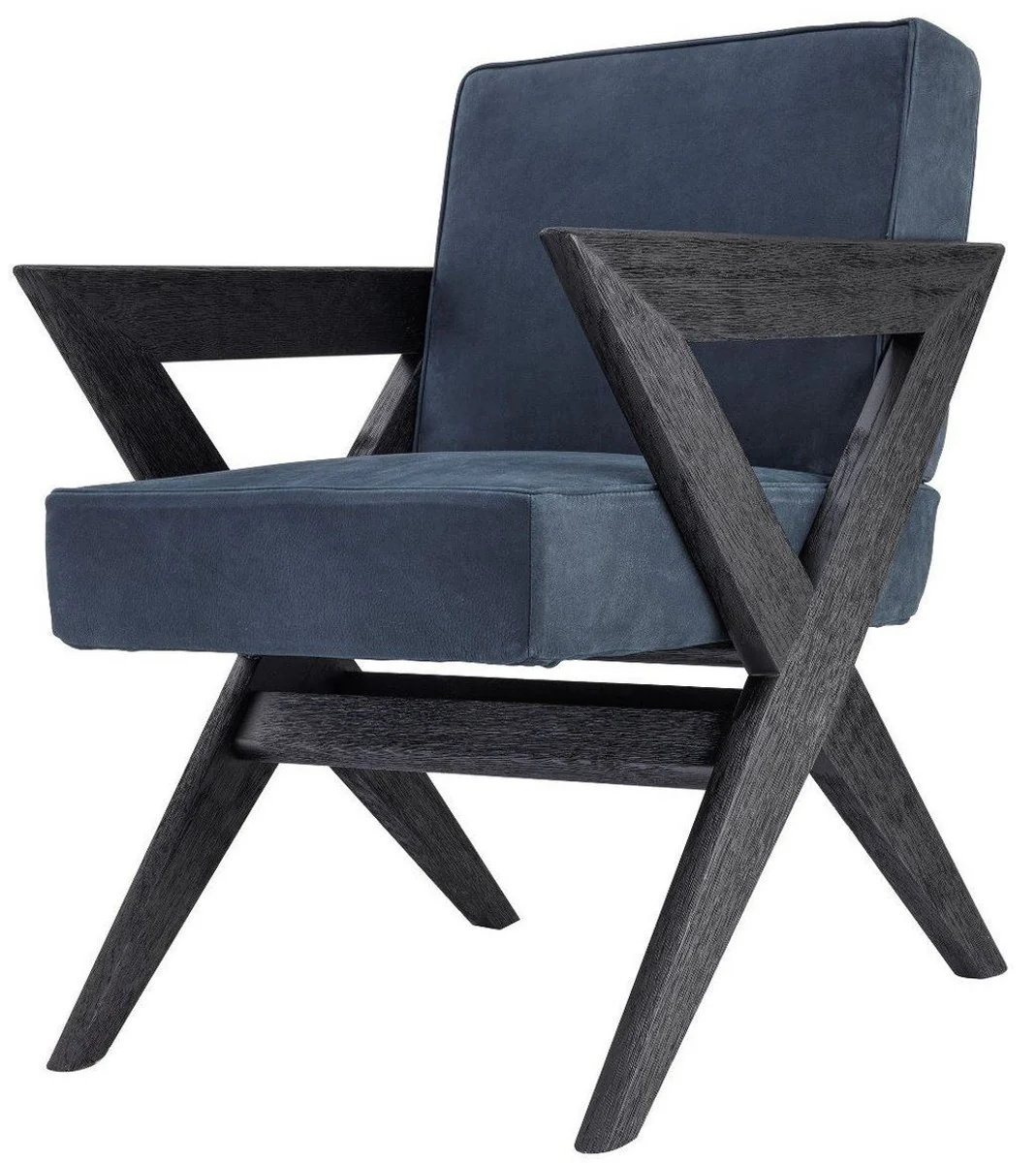 Luxury genuine leather dining room chair with armrests blue / black 59 x 74 x H. 88 cm - kitchen chair with elegant nubuck buffalo leather - luxury dining room furniture