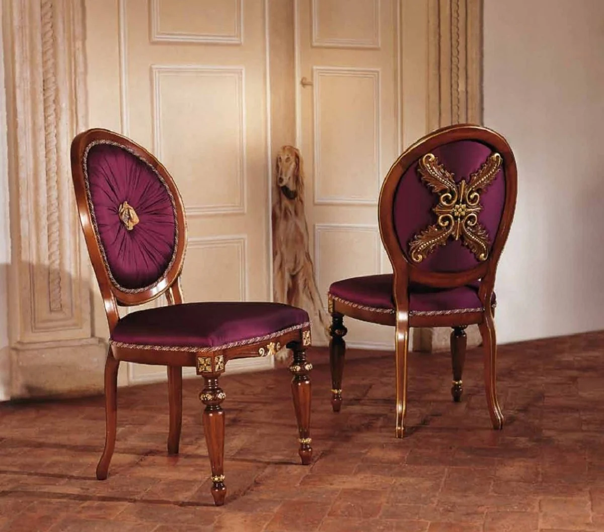 Luxury Baroque Dining Room Chair Set Purple / Brown / Gold - Handmade Kitchen Chairs Set of 6 - Luxury Dining Room Furniture in Baroque Style - Baroque Furniture - Luxury Quality - Made in Italy