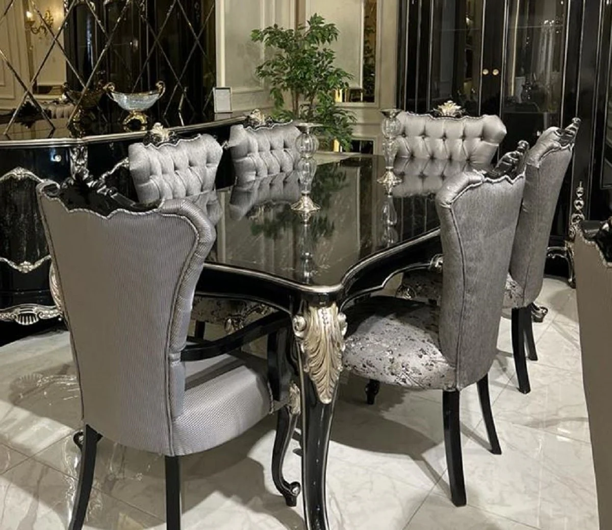 Luxury Baroque Dining Room Set Silver / Black / Silver - 1 Dining Table & 6 Dining Chairs - Baroque Dining Room Furniture - Noble & Magnificent