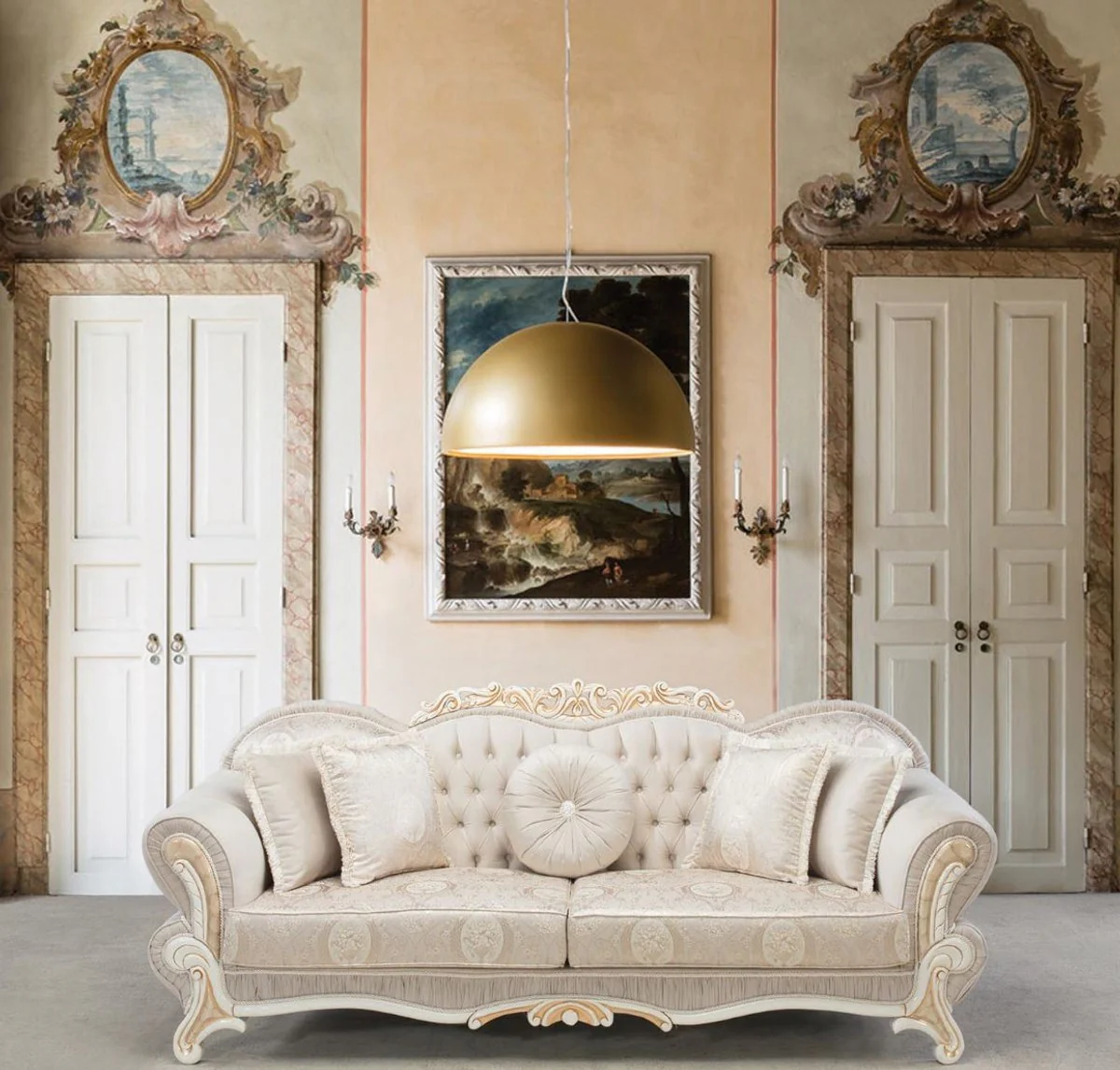 Luxury baroque sofa light pink / white / gold 237 x 90 x H. 99 cm - living room sofa with decorative pillows - baroque style furniture
