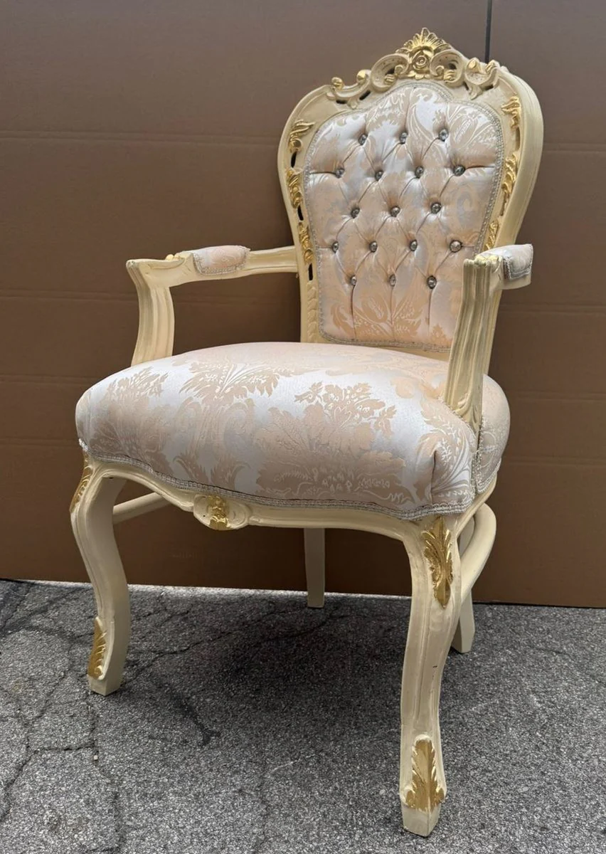 Barock Esszimmer Stuhl mit Armlehnen und Glitzersteinen Silber / Creme / Gold