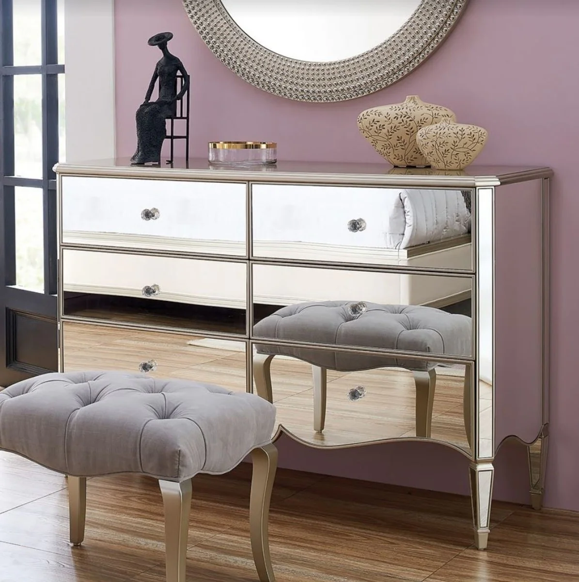 Neoclassical chest of drawers silver 141 x 48.5 x H. 95 cm - Mirrored solid wood chest of drawers with 6 drawers - Furniture in the neoclassical style