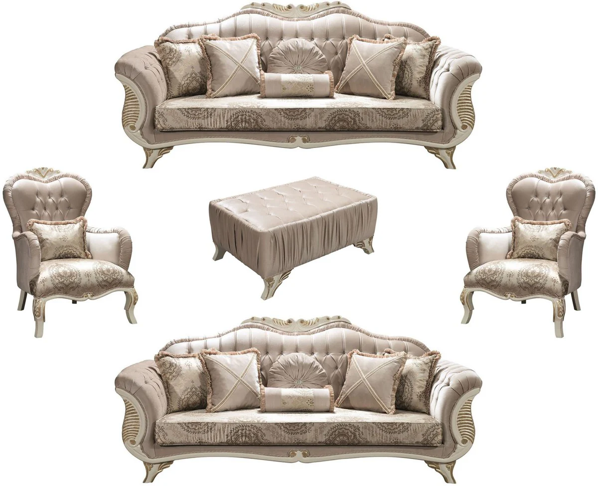 Luxus Barock Wohnzimmer Set Grau / Creme / Gold - 2 Sofas & 2 Sessel & 1 Couchtisch - Wohnzimmermöbel im Barockstil - Edle Barock Möbel