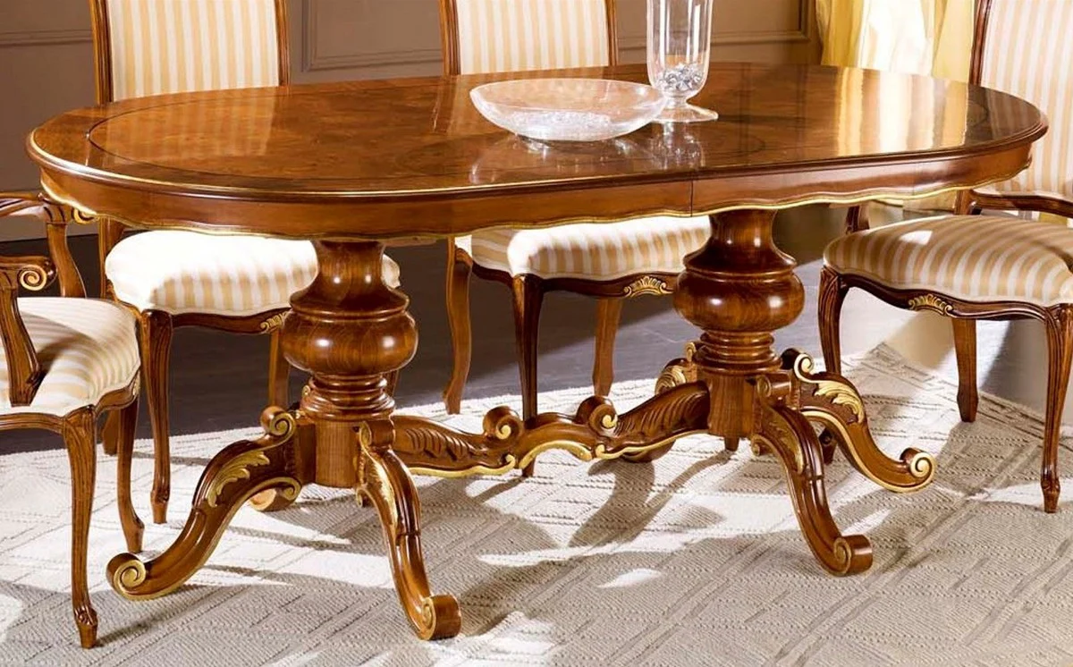 Luxury Baroque Dining Table Brown / Gold - Oval Extendable Solid Wood Dining Room Table in Baroque Style - Baroque Dining Room Furniture - Luxury Quality - Made in Italy