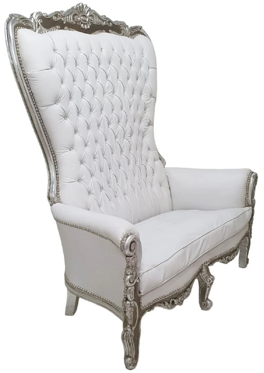Baroque high-back 2-seater sofa white / silver - magnificent baroque style faux leather sofa with glittering stones - living room furniture in baroque style - baroque furniture - noble & magnificent