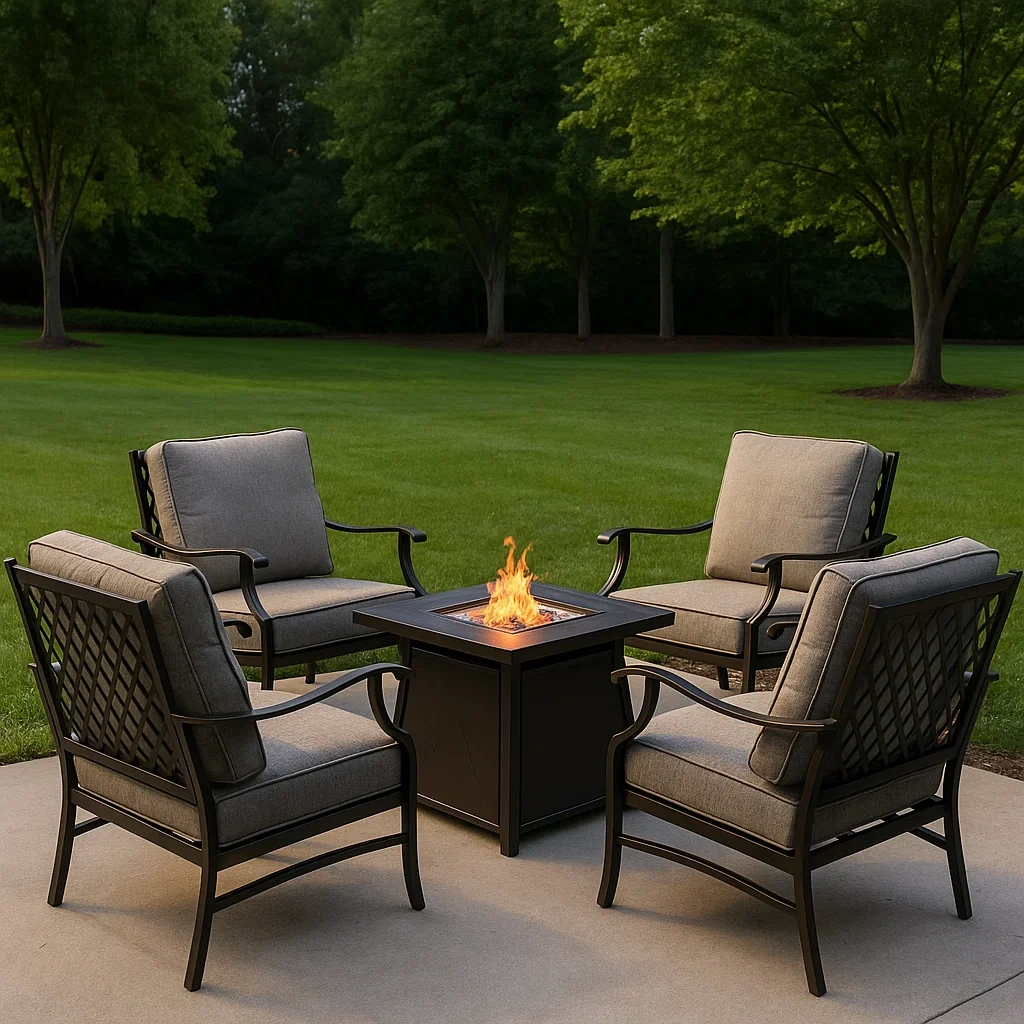 Terrassenmöbel-Set mit Feuerstelle, 5-teiliges Set mit 4 Sesseln und Tisch mit Feuerstelle, grau, Stahl und Stoff, für den Außenbereich