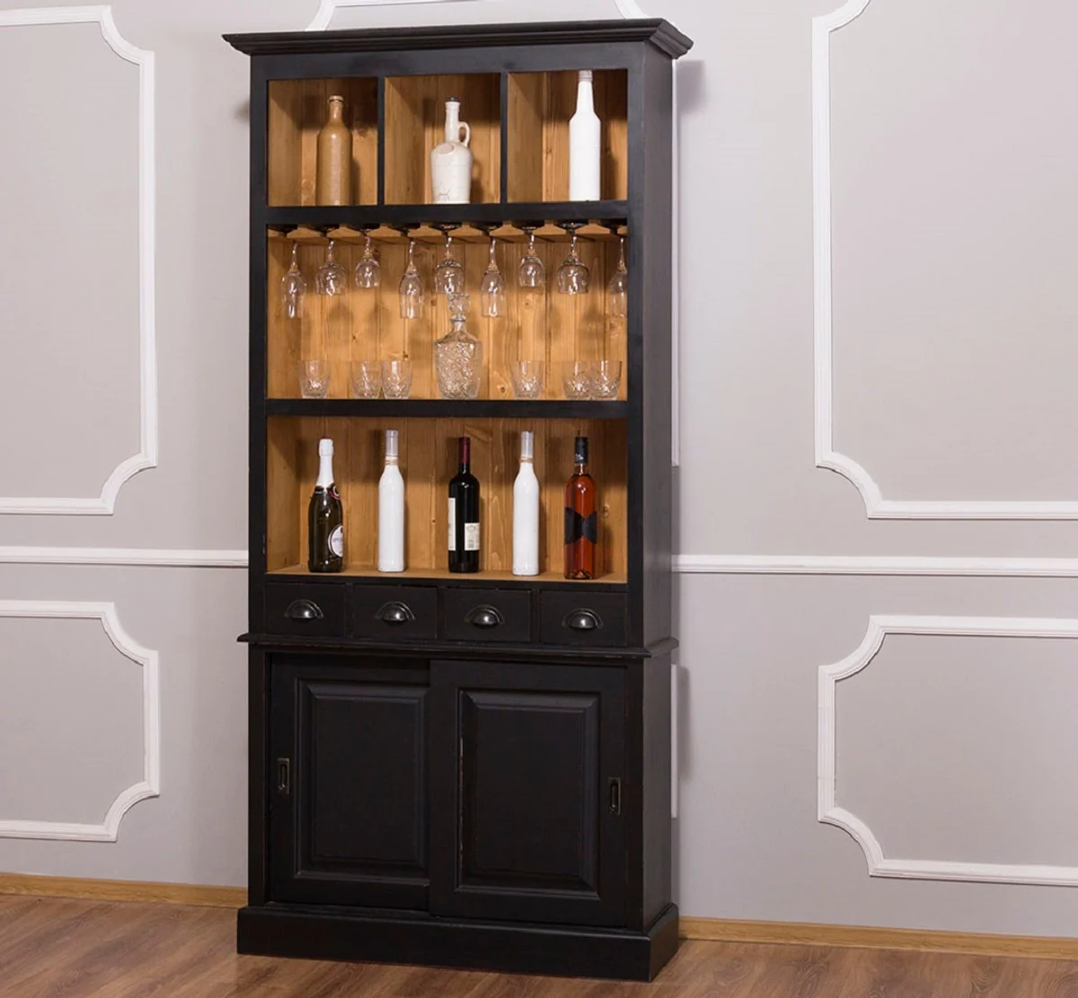 Country house style wine cabinet black / natural color 103 x 36 x H. 210 cm - bar cabinet in country house style