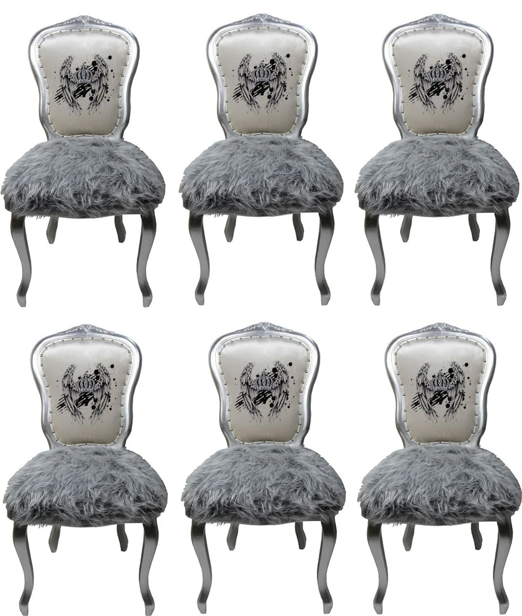 Pompöös by Luxury Baroque Dining Room Chairs Crown White / Gray / Silver - Pompöös Baroque Chairs designed by Harald Glööckler - 6 dining room chairs with faux fur