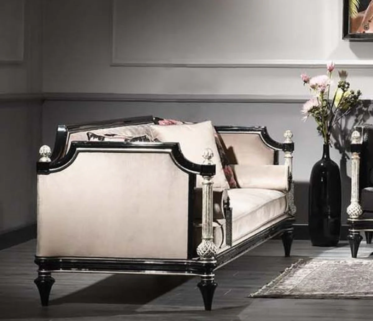 Luxury baroque velvet sofa beige / black / silver / antique gold 250 x 95 x H. 80 cm - magnificent living room sofa in baroque style
