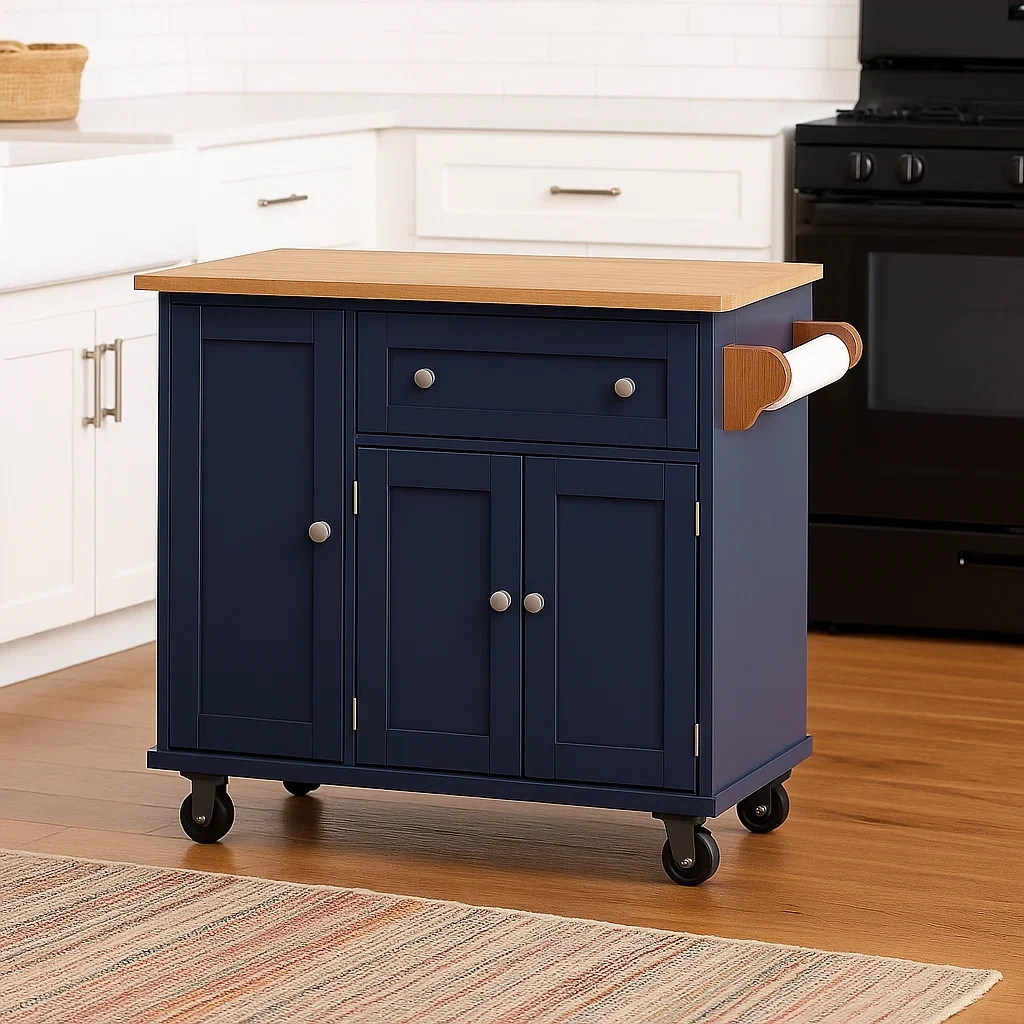 Rechteckige Kücheninsel mit Rollen, aus MDF-Holz, blau, mit Holzarbeitsplatte, Türen und Schublade, Maße: 90 cm lang, 40 cm breit, 85 cm hoch, für den privaten Gebrauch. - 36V25Gm9ReFU