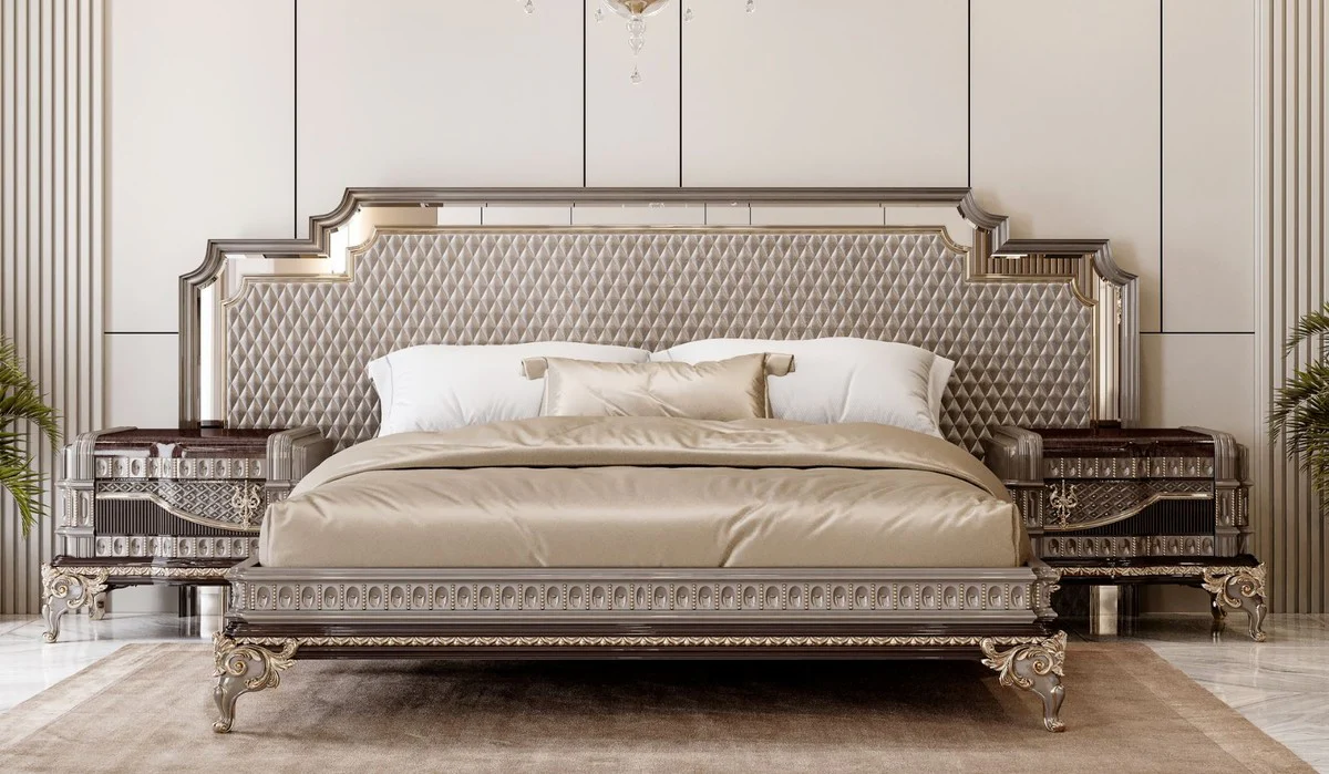 Luxury baroque double bed and 2 nightstands gray / dark brown / gold