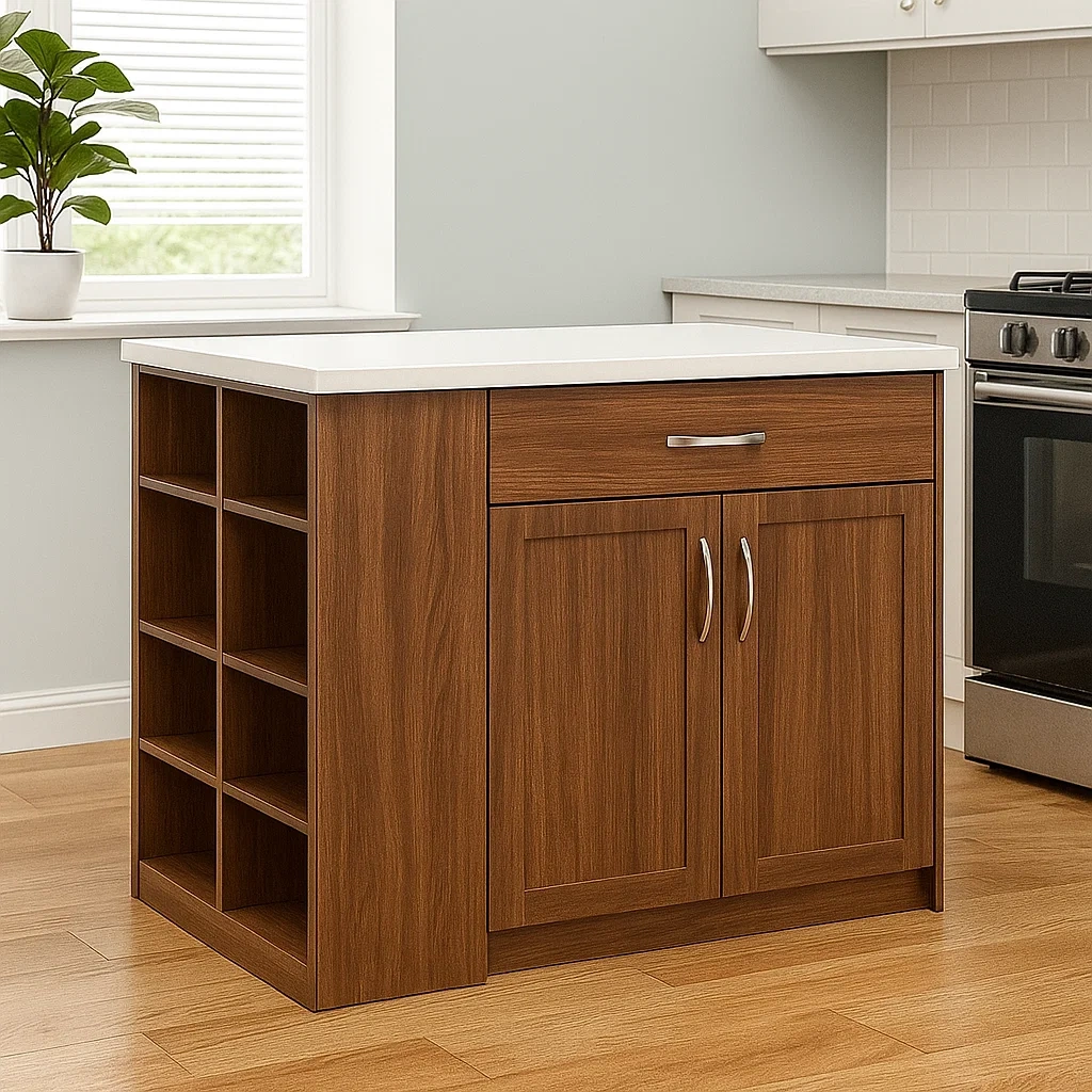 Rechteckige Kücheninsel mit Flaschenregal, Schublade und MDF-Holzschrank, walnussfarben, mit weißer Arbeitsplatte, freistehend, 100 x 60 x 90 cm, für den Hausgebrauch - WzdFJKPUykK4