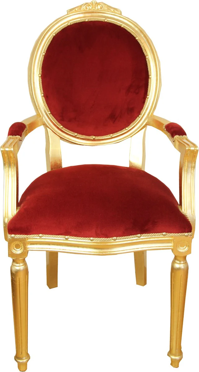 Baroque luxury dining room medallion chair with armrests burgundy velvet fabric / gold