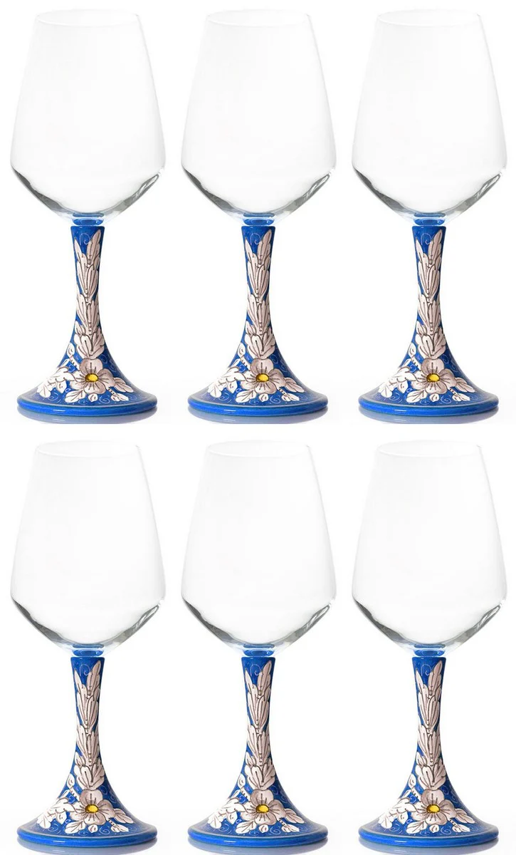Luxury Ceramic Wine Glass Set of 6 Blue / Multicolored H. 23.5 cm - Handmade & Hand-Painted Wine Glasses - Hotel & Restaurant Accessories - Luxury Quality - Made in Italy