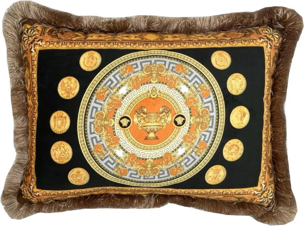 Luxury Baroque Velvet Cushion Vase and Coins Black / Multicolored / Gold / Brown 50 x 35 cm - Printed Baroque Style Decorative Cushion with Fringes - Decorative Accessories in Baroque Style - Baroque Decoration