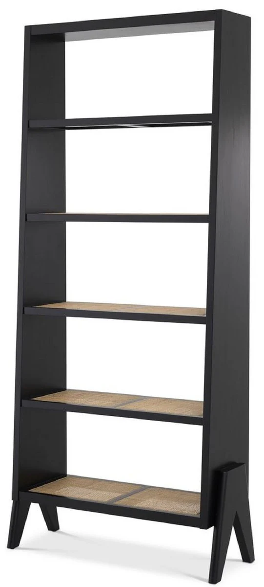 Luxury shelf cabinet black / natural colors 95 x 36 x H. 211 cm - Elegant solid wood cabinet with rattan weave - Living room cabinet - Office cabinet - Luxury furniture