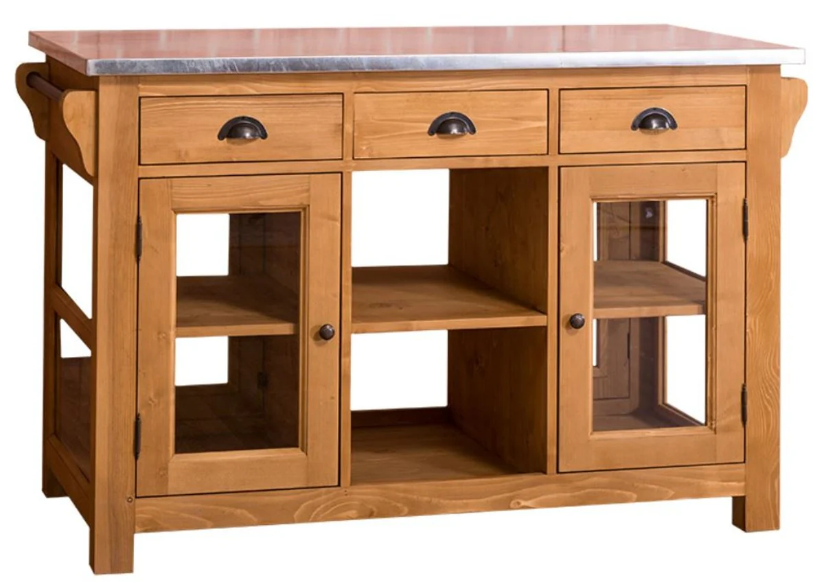 Country house style kitchen island with galvanized worktop natural color / silver 135 x 65 x H. 90 cm - country house style kitchen cabinet with 4 glass doors and 6 drawers