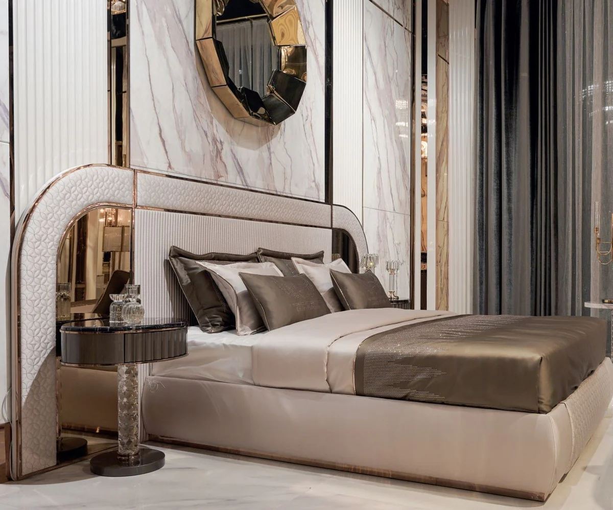 Luxury Art Deco double bed gray / copper 350 x 209.5 x H. 140 cm - Elegant solid wood bed with mirrored headboard - Luxury bedroom furniture - Hotel furniture - Art Deco furniture