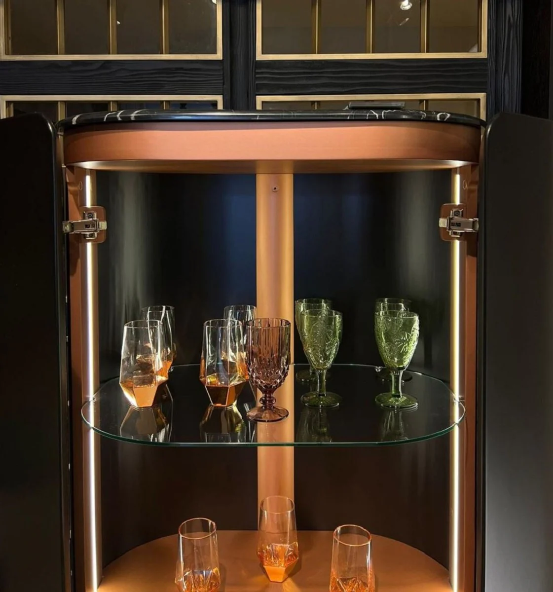 Luxury bar cabinet black / copper 80 x 50 x H. 165 cm - Illuminated solid wood wine cabinet with 2 doors - Living room furniture - Bar furniture - Hotel furniture - Luxury collection