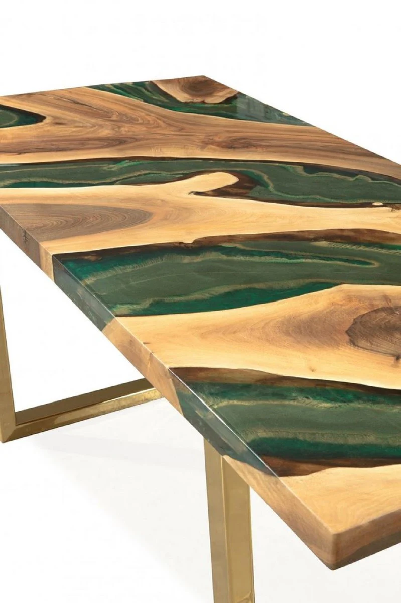 Luxury dining table natural colors / brown / green / gold 160 x 80 x H. 76 cm - Rectangular kitchen table with epoxy resin - Dining room furniture - Epoxy resin furniture - Luxury furniture