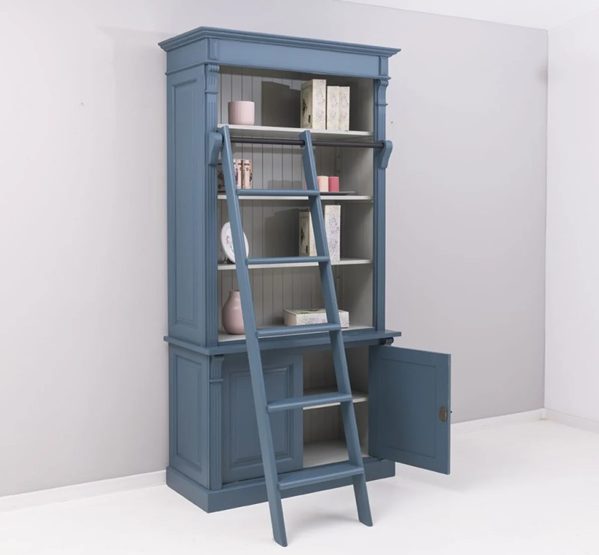 Country house style bookcase with ladder steel blue / gray