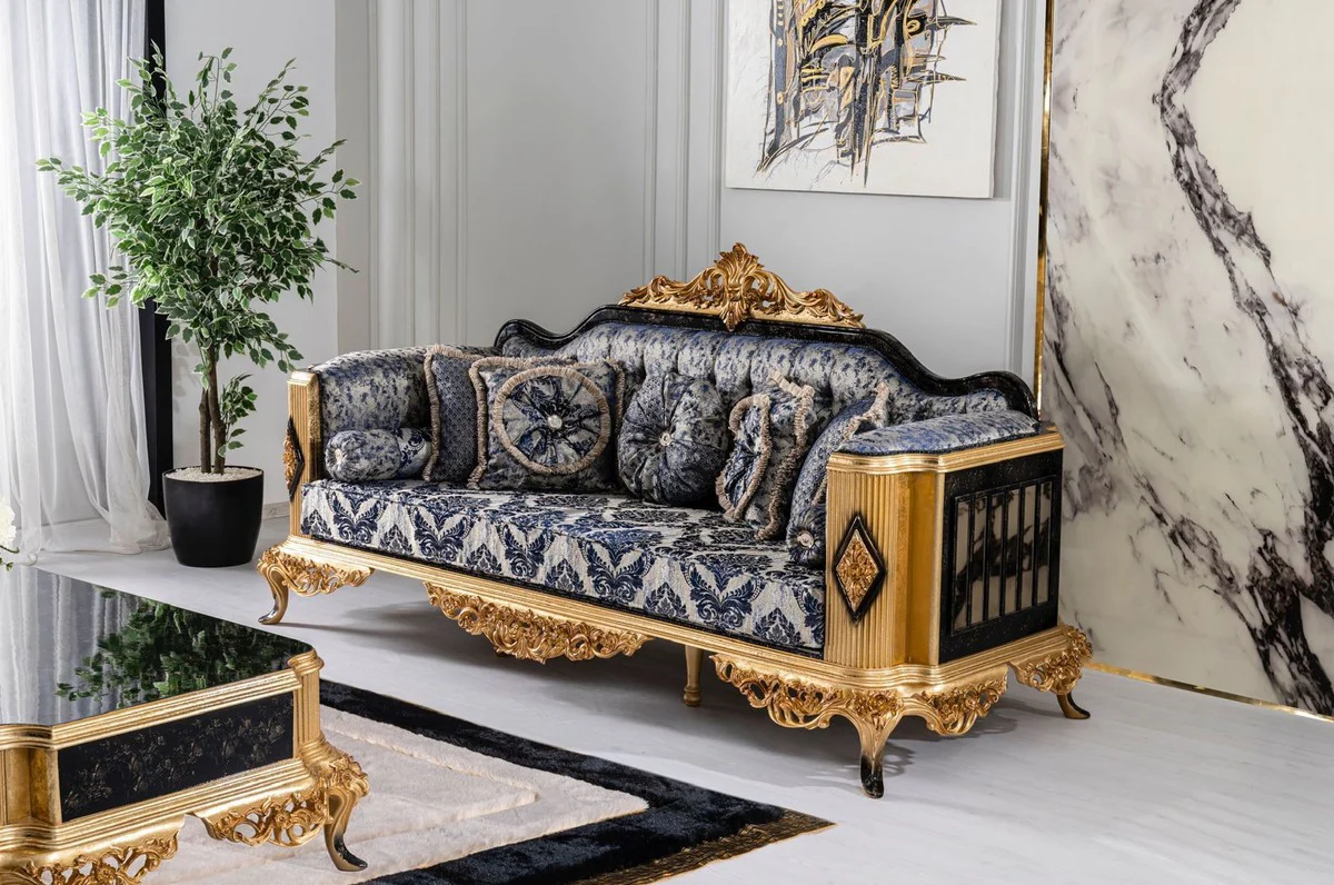 Luxury Baroque Sofa Blue / Black / Gold - Magnificent Living Room Sofa - Baroque Style Living Room Furniture - Luxury Furniture in Baroque Style - Baroque Living Room Furnishings