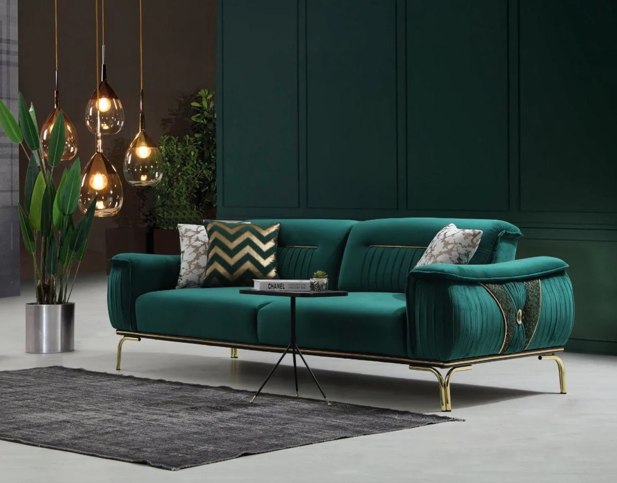 Luxury living room sofa with adjustable backrest green / gold 223 x 93 x H. 78 cm - Luxury living room furniture