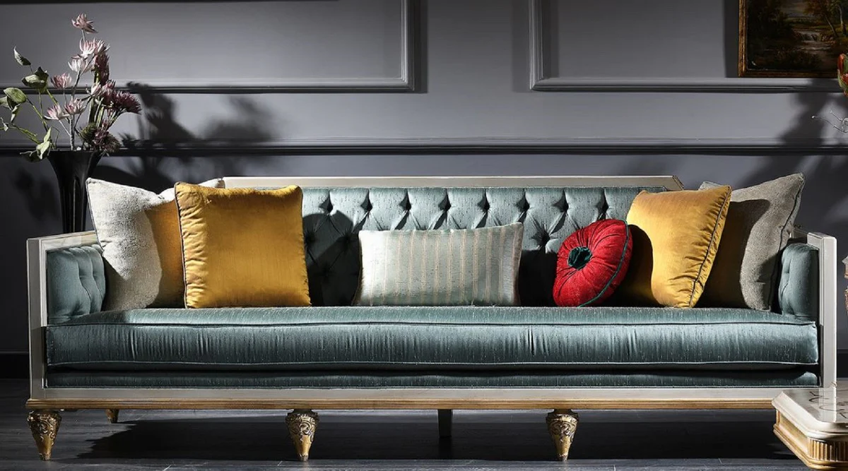Luxury baroque sofa turquoise / white / gold 256 x 89 x H. 90 cm - Magnificent Chesterfield living room sofa in the baroque style
