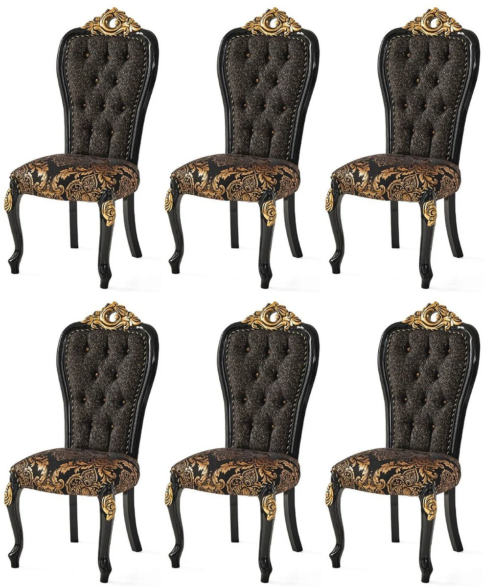 Luxury Baroque Dining Room Chair Set Black / Gold 54 x 50 x H. 117 cm - Kitchen Chairs Set of 6 - Baroque Dining Room Furniture - Noble & Magnificent