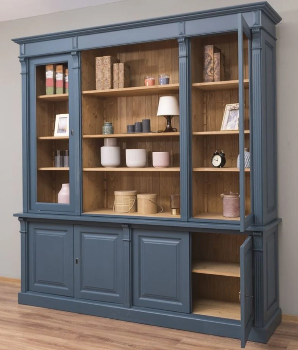 Country house style living room cabinet blue / natural colors 223 x 51 x H. 228 cm - solid wood cabinet - bookcase - shelf cabinet - country house style furniture