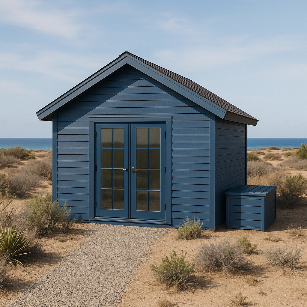 Gartenhaus aus blauem Kunstharz, Holz, Strand-Design für den Außenbereich, 300 × 220 × 250 cm