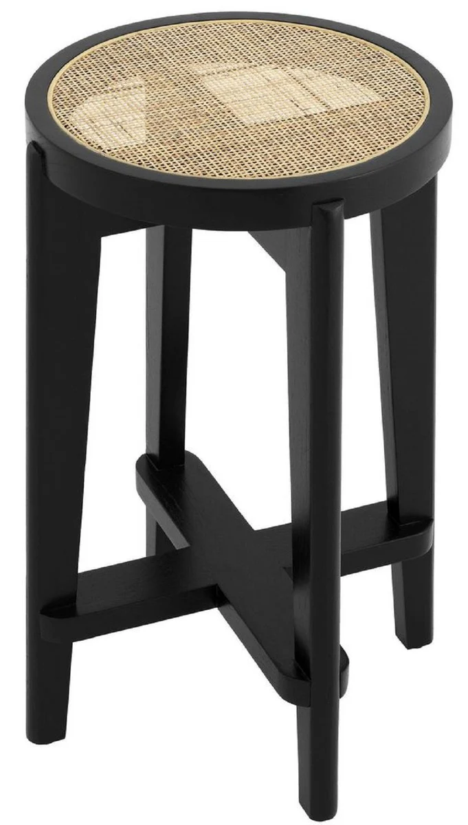 Luxury bar stool black / natural color Ø 44 x H. 67 cm - round solid wood bar chair - bar furniture